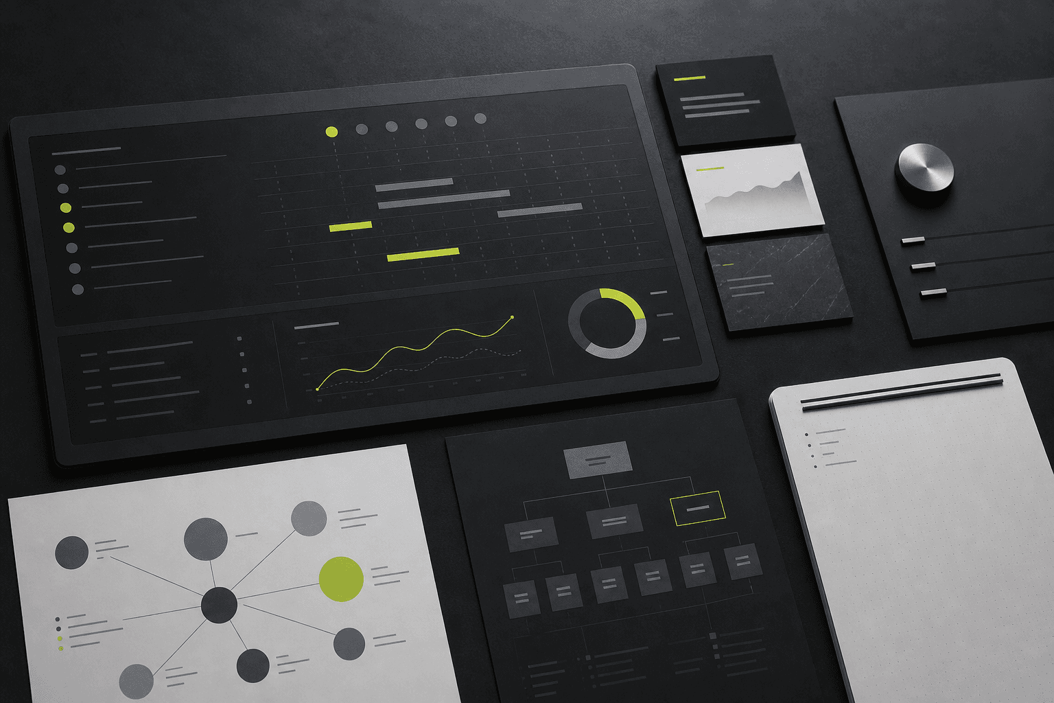 Product visualization of a focused founder workspace with connected operating modules