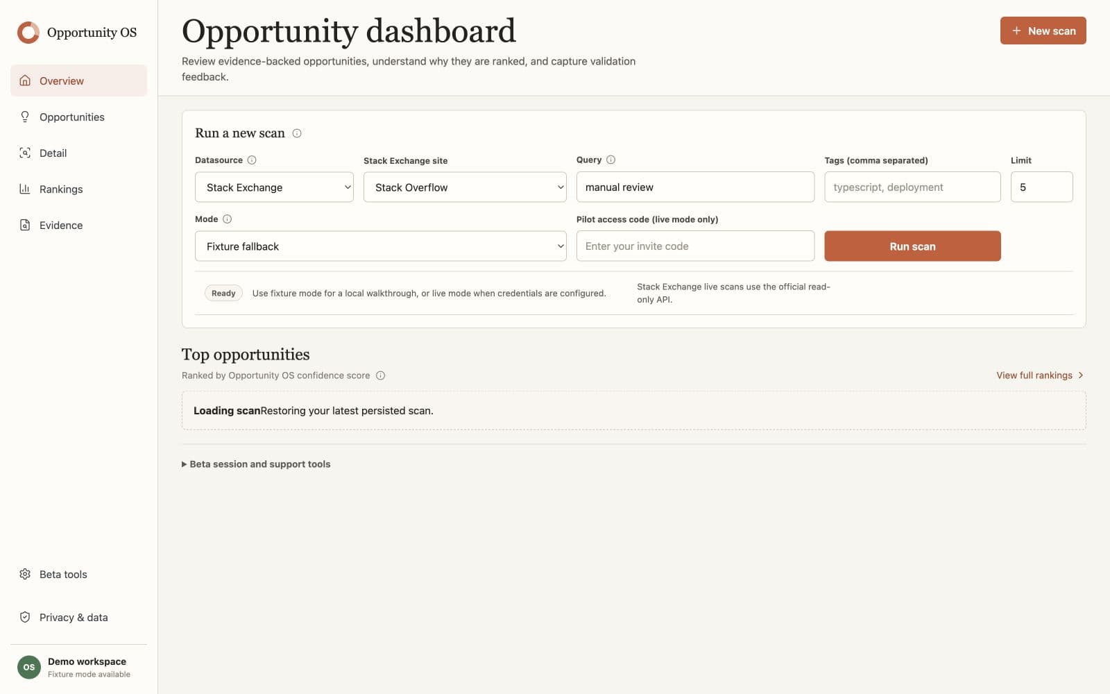 Opportunity OS dashboard for scanning and ranking evidence-backed market opportunities