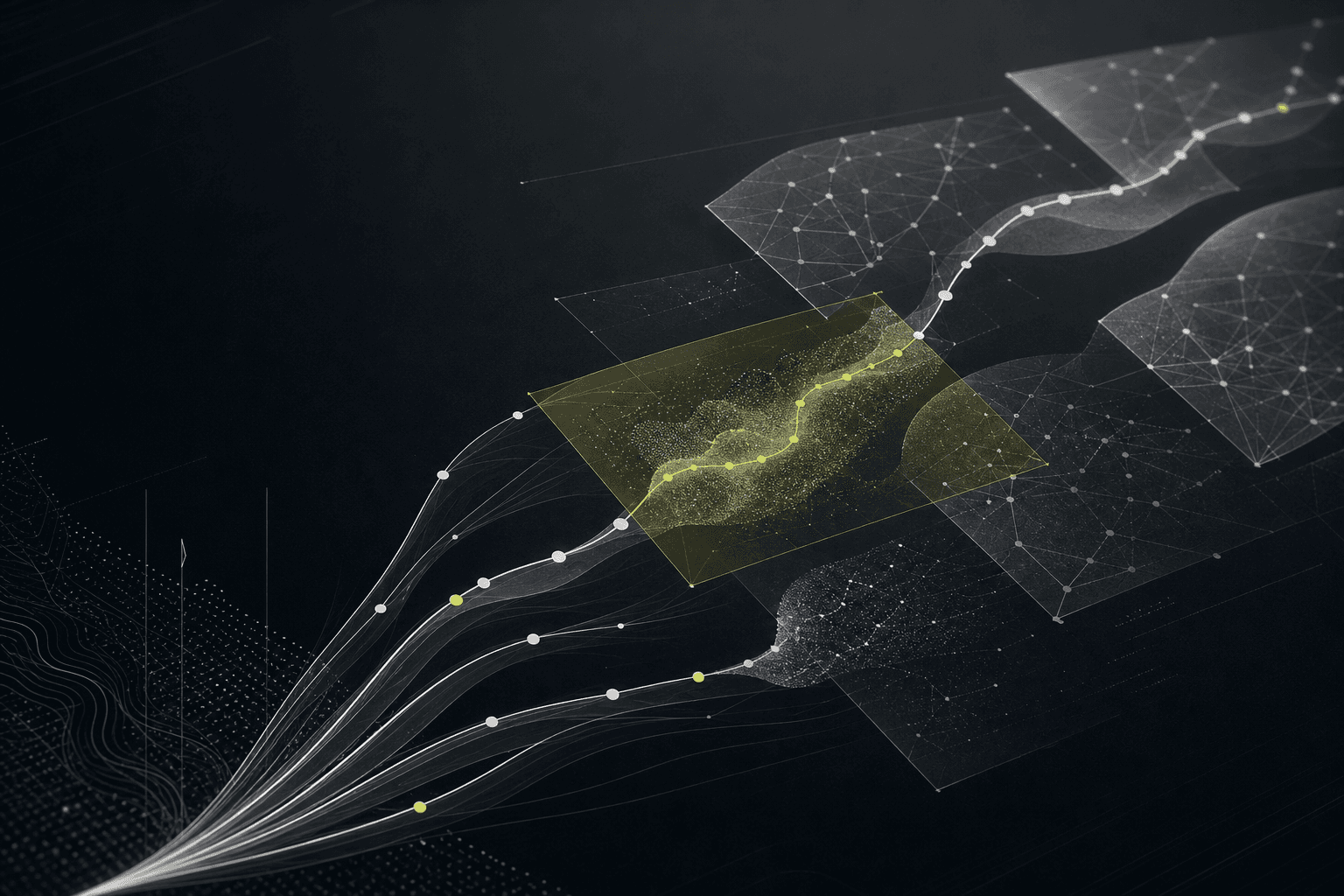 Abstract Speculor AI visualization of evidence signals and a highlighted confidence path