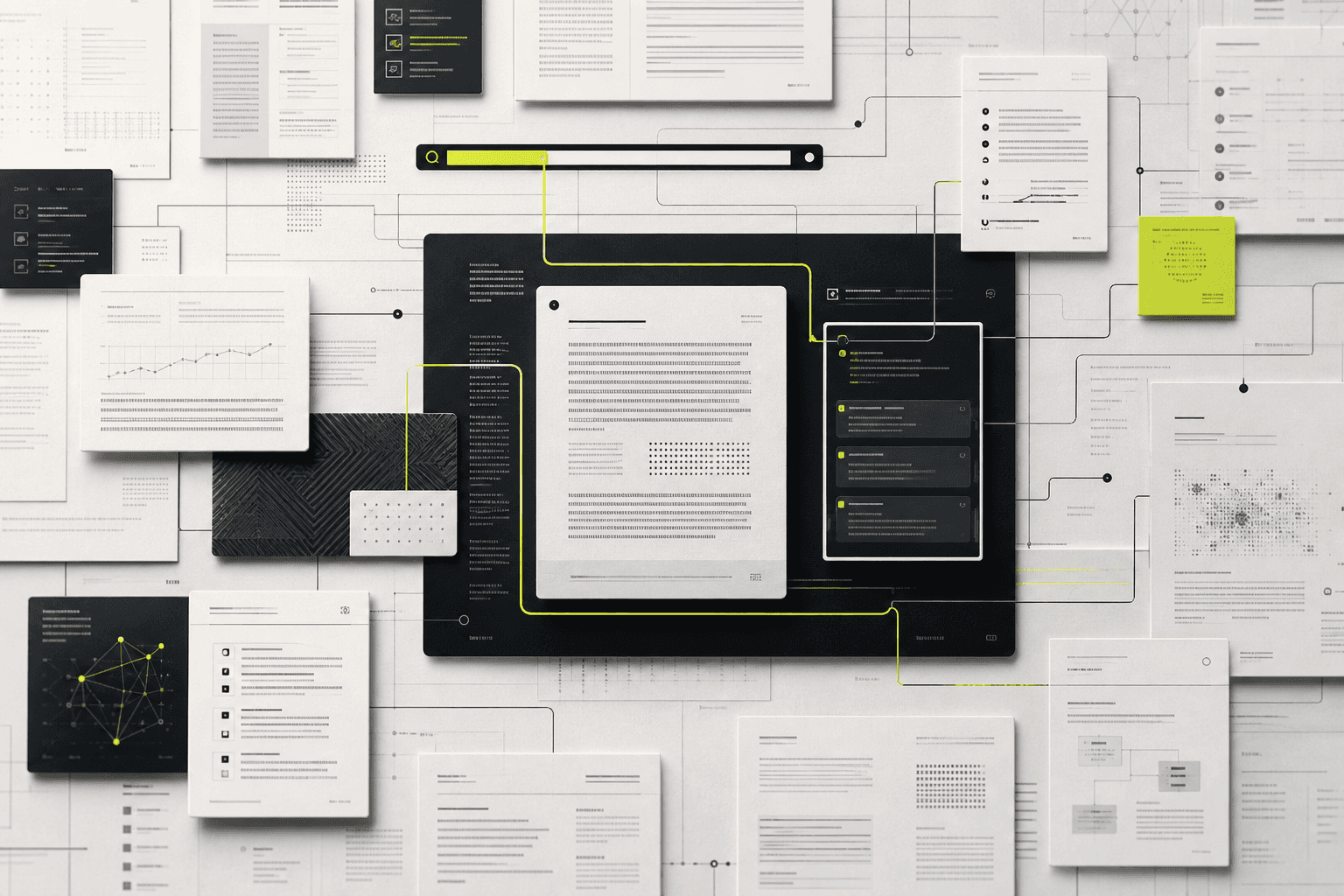 Editorial product visualization of a connected archive with a central search trail